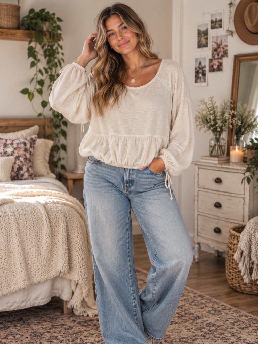 Aerie Cream Balloon Sleeve Relaxed Boho Top
